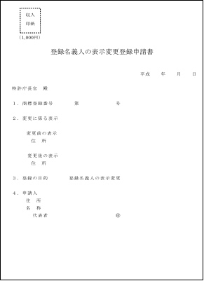 【提出する書類名】登録名義人による表示変更登録申請書（住所）